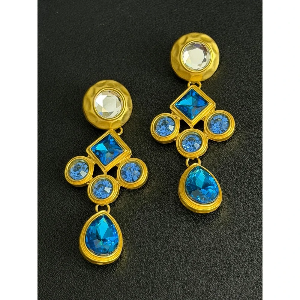 Rhinestone Earrings Mogul Dangle Gold Tone Teal Blue